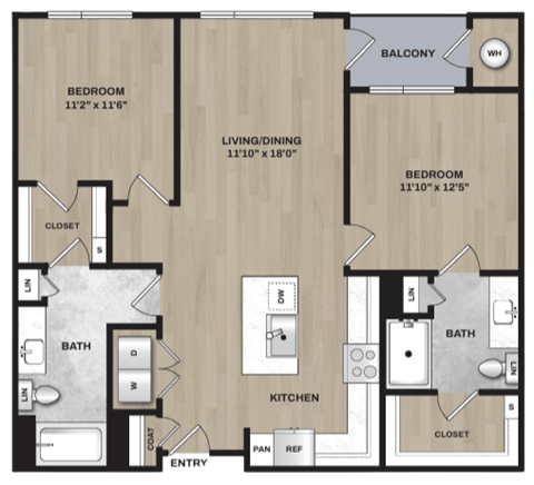 A floor plan of a home with a balcony, two bedrooms, a living/dining area, a kitchen, two bathrooms, and a closet.